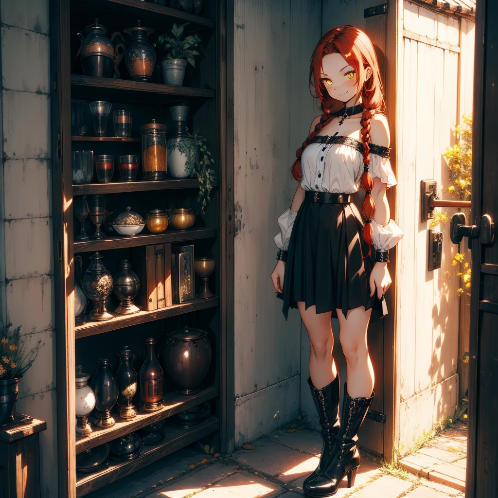 women, Natural redhead with 2 braids, honey yellow eyes, long black nails, chest a little big, mischievous smile, sinister smile, short black skirt, black off shoulder blouse, black shoes with boots, Whole body, standing at the entrance of a house leaning forward at the entrance of a door.