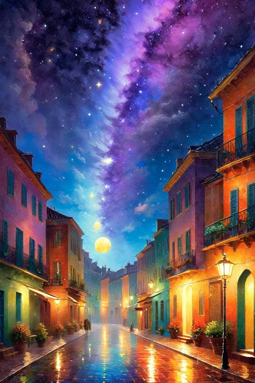 Colorful oil printing and mosaic style:: An elegant cat :: Movie-quality 16k resolution masterpiece illustration oil painting, watercolor and ink :: Spiral galaxy in the sky :: Frisco watercolor and oil painting sky raining shooting stars twinkling stars glittering stars sparkling stars big full moon stars :: Ivan Aivazovsky Kentaro Miura Gustav Doré Greg Rutkowski Romantic naturalism Starry night landscape :: Complex patterns，Perfect composition，masterpiece, Crazy details, Extremely detailed, Ultra detailed, Beautiful volume, deep, Rich colors, Volumetric Lighting