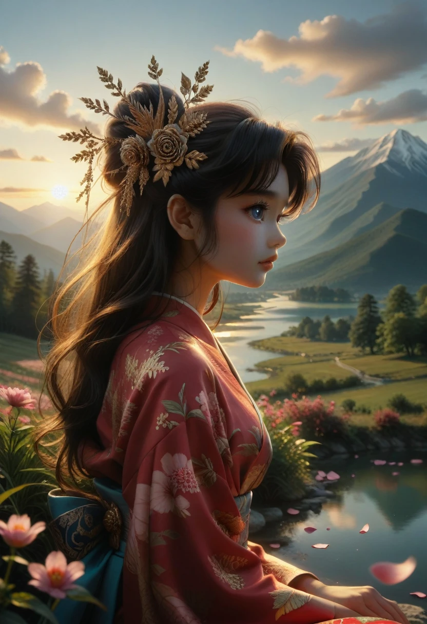 best quality, masterpiece, extremely detailed, detailed background, detailed eyes, anime, 1girl, beautiful eyes, young girl, long hair girl, expressive face, kimono, retro, mount fuji lansdscape, outdoors, sunset, beautiful sky, lake picnic, landscape, scenery, horizon, mountain sitting near mountain, wind, flower petal, spring, looking away, atmospheric lighting, reflection, naturalistic, detail, realism. relaxation, beauty, solo focus, close up, from side, depth of field, bokeh