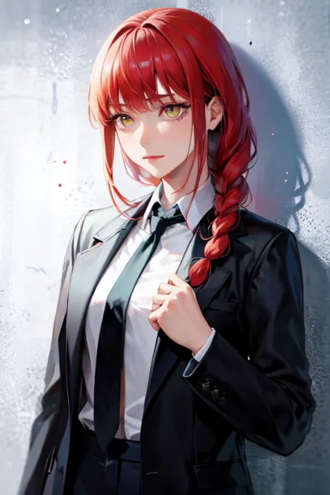 (highest quality)、(highest quality)、hand、expressionless、strong redhead、suit、braiding、black tie、