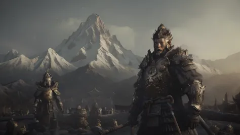 black myth: wukong stands on the rolling mountains and looks at a huge buddha statue in the distance