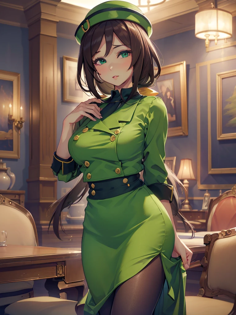 (​masterpiece、top-quality、hight resolution、Unity 8k、extremely details CG:1,Best Picture), hayakawa tazuna, low ponytail, green headwear, green jacket, green skirt, pantyhose, A seductive woman with voluptuous curves, wearing revealing lingerie, heavy makeup with bold red lipstick, smoky eye shadow, and perfectly styled hair. She is posing provocatively in a glamorous setting, with a confident and alluring expression, suggestive body language, and a sultry gaze directly into the camera. The overall atmosphere is steamy and intense, emphasizing her sensuality and sexual allure.