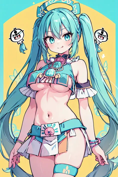 aqua eyes, aqua hair, crossed bangs, hair between eyes, long hair, twintails, female aztec, beautiful, smile, smug face, tongue,...