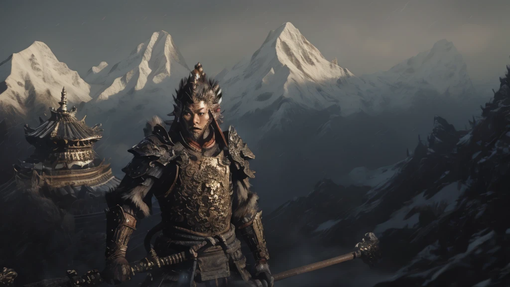 Black Myth Wukong standing on the rolling mountains