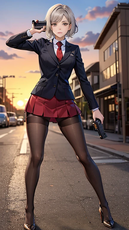 Highest quality、Ultra HD、One Woman、(Silver short hair 1.3)、(Red blazer 1.3)、(Red tie)、(shirt)、(Red Heel 1.1)、((Red Mini Tight Skirt))、((Black tights 1.2))、((1 Shooting a gun with both hands.5))、Stylish、Beautiful Faces、(Black belt 1.2)、2 female、Glamorous Body、(Sunset slum background 1.2)、((A clear and beautiful touch))