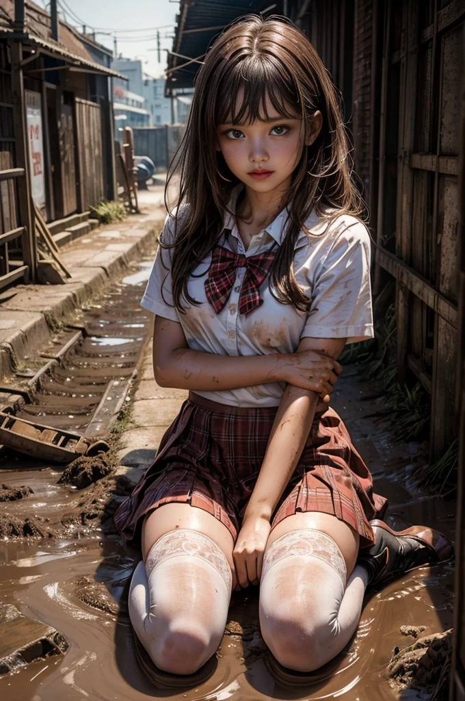 dirty white tights , Age 8 years, school shoes, dirty white socks , the waistband of the skirt is at a level above the chest. , schoolgirl with small breasts , red knot , red bow , dark red skirt , plaid skirt , pleated skirt , Dirty белая рубашка , realistic、top quality、Clear Photos、((Brick underground tunnel、Unpleasant smell of sewerage、Covered in mud、Sewer channels, filled with feces、a lot of trash and junk、Самая Dirty канализация))、The bricks are covered with moss、(( густые грязно-Brown hair、joy, covered in mud、Glad to get dirty))、(Dirty 、Tangier、Brown hair)、Lying face down in the dirt 、Scoop out the dirt with both hands、The beautiful girl&#39;s hair is covered in dirt、joy лежать в грязной канализации))、(((I want to smear dirt all over my body.、A large amount of impurities flows down the head.、The whole body is full of dirt 、a large amount of dirty garbage and waste , garbage heaps))