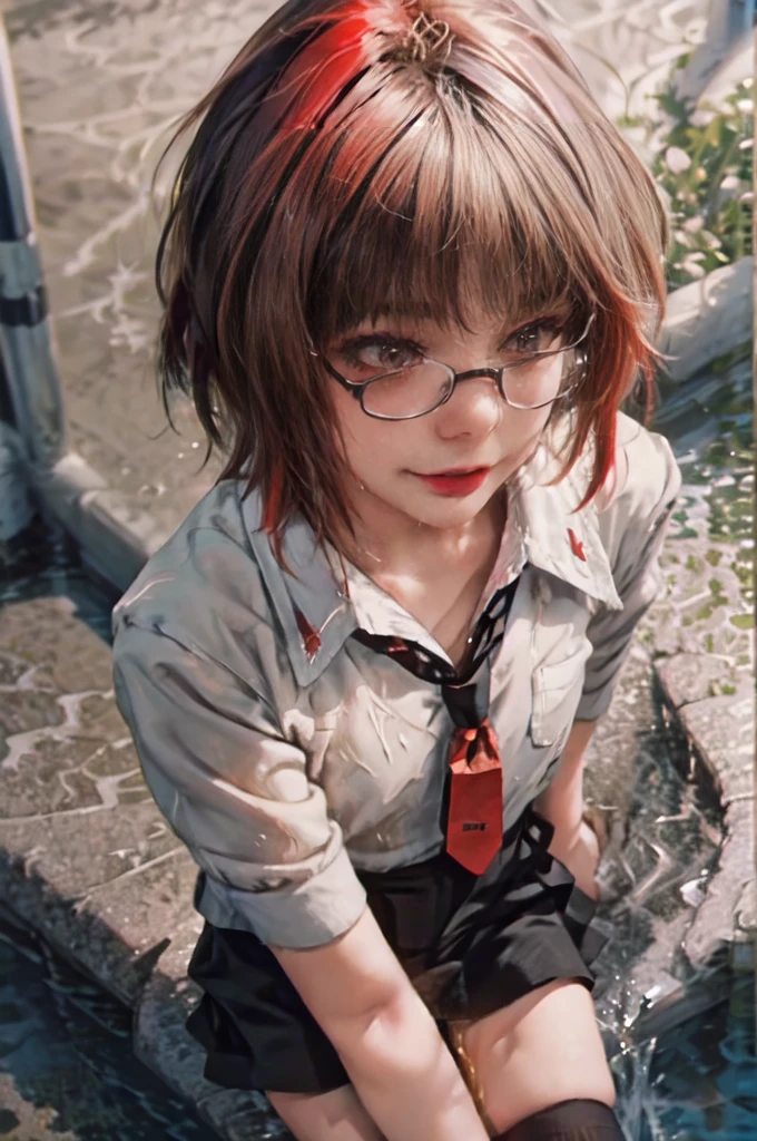 girl, Age 8 years, 1 girl, woman, emo_hairstyle, Red lipstick, Collar, Eyeliner, eyeshadow, smoky eyes, realistic lighting, school, shirt , tie, skirt, black stockings, long hair, flat chest, Shiny skin, Smirk, Bukkake, peeing on himself, stream of urine between the legs, tights, rectangular frame glasses, bright red lipstick, wet clothes, Charm, lustful look, Alice