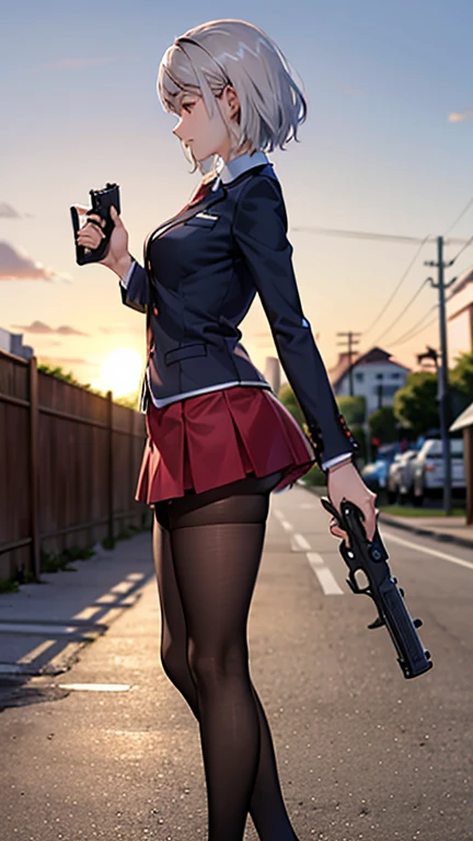 Highest quality、Ultra HD、One Woman、(Silver short hair 1.3)、(Red blazer 1.3)、(Red tie)、(shirt)、(Red Heel 1.1)、((Red Mini Tight Skirt))、((Black tights 1.2))、((1 Shooting a gun with both hands.5))、Stylish、Beautiful Faces、(Black belt 1.2)、2 female、Glamorous Body、(Sunset slum background 1.2)、((A clear and beautiful touch))