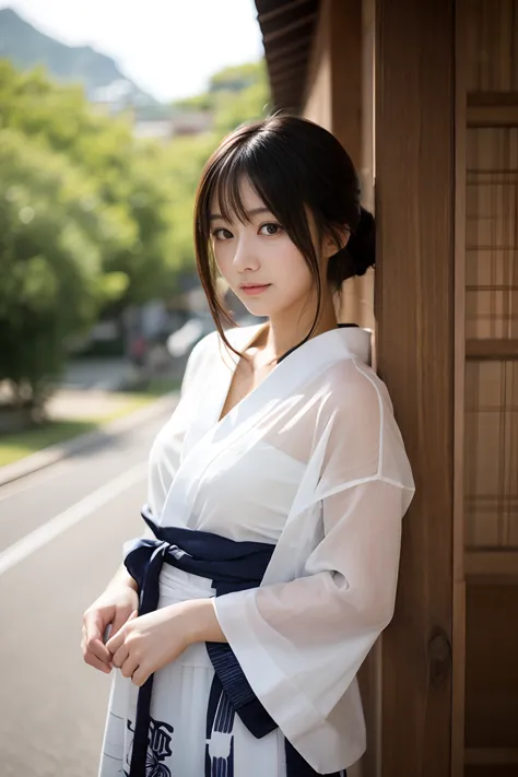 a beautiful girl wearing a see-through yukata、pure white yukata、the yukata is still on.、you can see through your skin