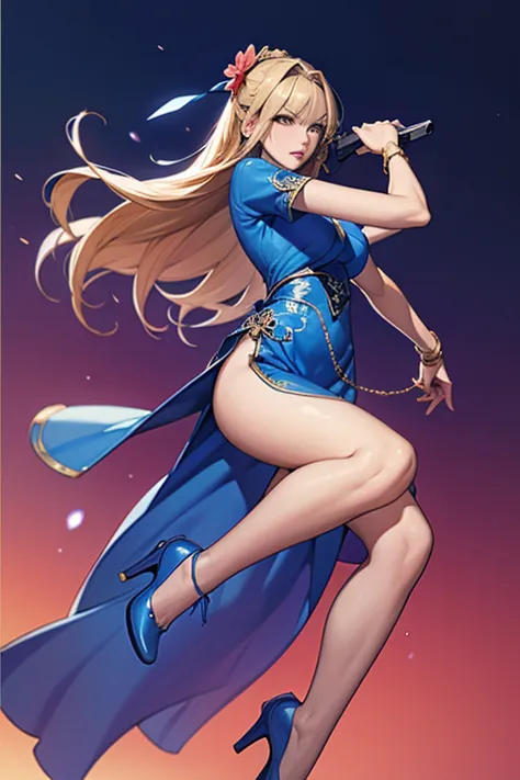 highest quality,high resolution,comics,(cel animation style),one woman,30 year old asian female,(long blonde hair),((blue chines...