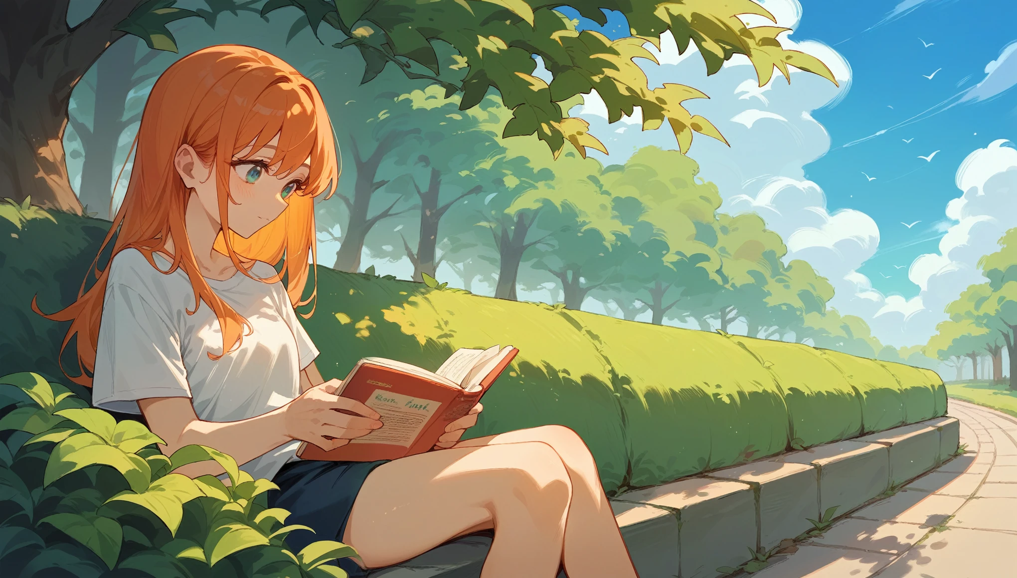 Highest quality,Reading in the park,Orange Hair,Fresh greenery,blue sky,relax