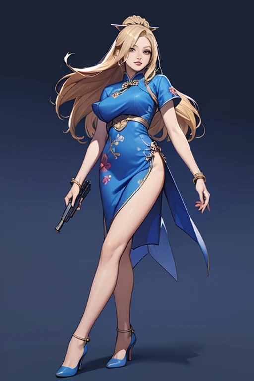 Highest quality,high resolution,comics,(Cel animation style),A woman is standing alone,30 year old Asian female,(Long blonde hair),((Blue Chinese Dress)),((Blue heels)),((1 Holding a gun in each hand.6)),(Hibiscus hair accessory),(Beautiful face with slits 1.3)，(gold bracelets on both wrists),Beautiful Style,Slender body,(Large Breasts),((Night city background))