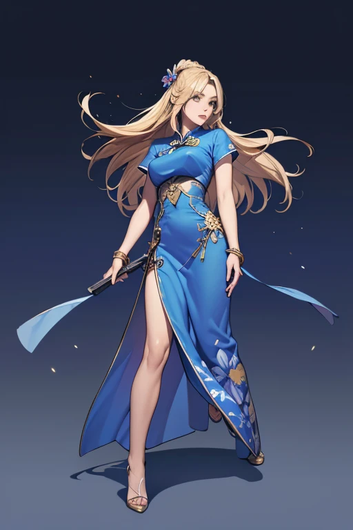 Highest quality,high resolution,comics,(Cel animation style),A woman is standing alone,30 year old Asian female,(Long blonde hair),((Blue Chinese Dress)),((Blue heels)),((1 Holding a gun in each hand.6)),(Hibiscus hair accessory),(Beautiful face with slits 1.3)，(gold bracelets on both wrists),Beautiful Style,Slender body,(Large Breasts),((Night city background))