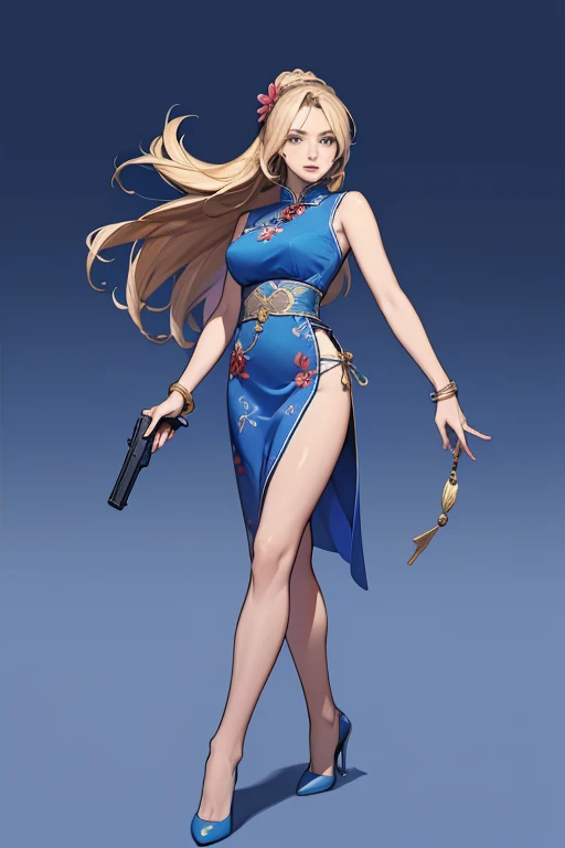 Highest quality,high resolution,comics,(Cel animation style),A woman is standing alone,30 year old Asian female,(Long blonde hair),((Blue Chinese Dress)),((Blue heels)),((1 Holding a gun in each hand.6)),(Hibiscus hair accessory),(Beautiful face with slits 1.3)，(gold bracelets on both wrists),Beautiful Style,Slender body,(Large Breasts),((City Background))