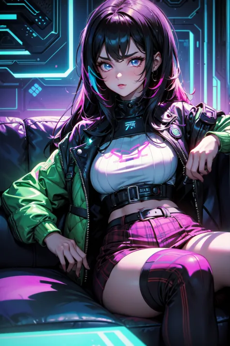 cute woman, tech wear, sitting in old-school sofa, retro plaid sofa, 70's atmoshphere, neon technologic outfit, glowing effects,...