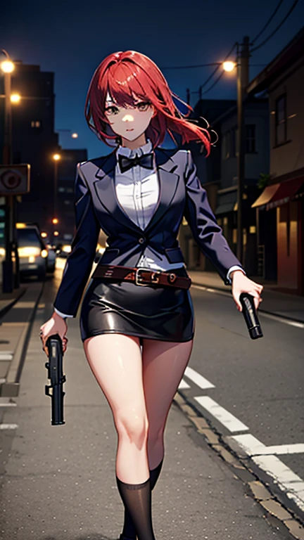 Highest quality、Ultra HD、One Woman、(Red hair short bob 1.3)、(Purple blazer 1.3)、(Black tie)、(shirt)、(Black leather shoes 1.1)、((Black mini tight skirt))、((Thigh 1.2))、((1 with a gun in each hand.5))、Stylish、(Beautiful face with sharp eyes 1.2)、(Leather belt 1.2)、2 female、slender、(Daytime city background 1.2)、((A clear and beautiful touch))