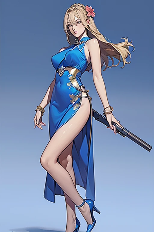 Highest quality,high resolution,comics,(Cel animation style),A woman is standing alone,30 year old Asian female,(Long blonde hair),((Blue Chinese Dress)),((Blue heels)),((1 holding a gun.6)),(Hibiscus hair accessory),(Beautiful face with slits 1.3)，(gold bracelets on both wrists),Beautiful Style,Slender body,(Large Breasts),((City Background))