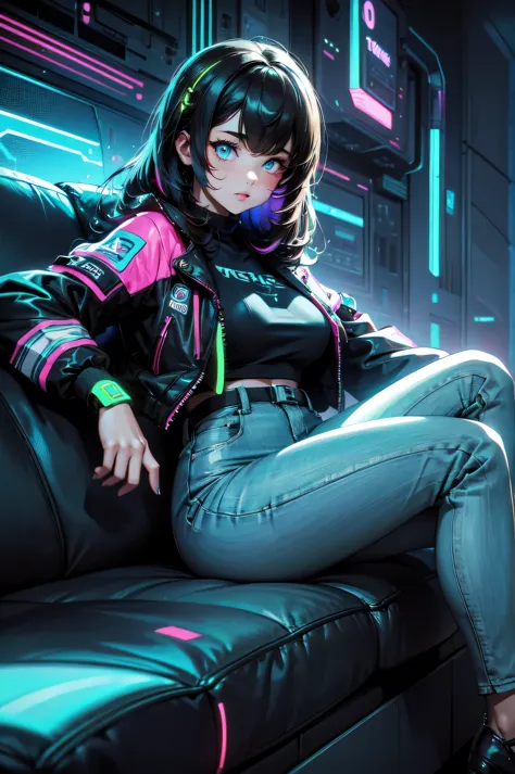 cute woman, tech wear, sitting in old-school sofa, retro plaid sofa, 70's atmoshphere, neon technologic outfit, glowing effects,...