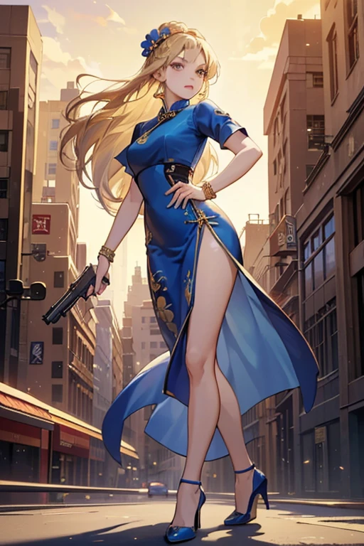 Highest quality,high resolution,comics,(Cel animation style),A woman is standing alone,30 year old Asian female,(Long blonde hair),((Blue Chinese Dress)),((Blue heels)),((1 holding a gun.6)),(Hibiscus hair accessory),(Beautiful face with slits 1.3)，(gold bracelets on both wrists),Beautiful Style,Slender body,(Large Breasts),((City Background))