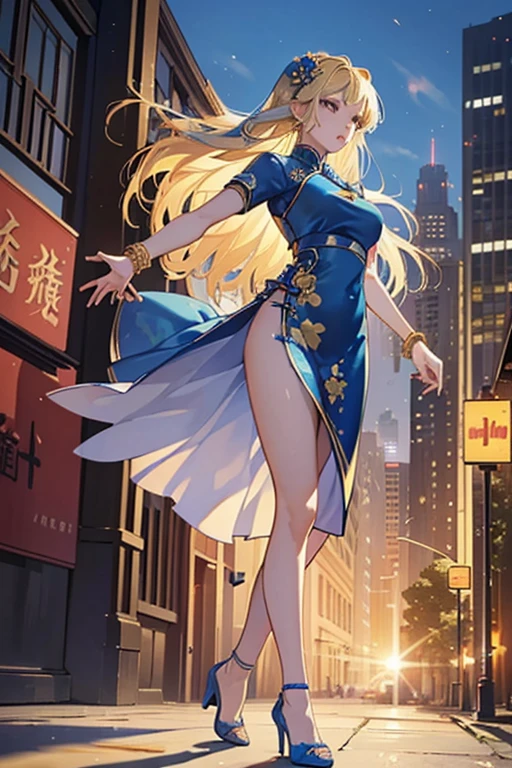 Highest quality,high resolution,comics,(Cel animation style),A woman is standing alone,30 year old Asian female,(Long blonde hair),((Blue Chinese Dress)),((Blue heels)),((1 holding a gun.6)),(Hibiscus hair accessory),(Beautiful face with slits 1.3)，(gold bracelets on both wrists),Beautiful Style,Slender body,(Large Breasts),((City Background))