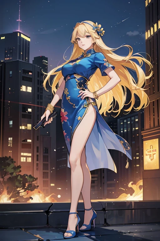 Highest quality,high resolution,comics,(Cel animation style),A woman is standing alone,30 year old Asian female,(Long blonde hair),((Blue Chinese Dress)),((Blue heels)),((1 holding a gun.6)),(Hibiscus hair accessory),(Beautiful face with slits 1.3)，(gold bracelets on both wrists),Beautiful Style,Slender body,(Large Breasts),((City Background))