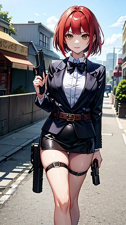 Highest quality、Ultra HD、One Woman、(Red hair short bob 1.3)、(Black blazer 1.3)、(Black bow tie)、(shirt)、(Black leather shoes 1.1)、((Black mini tight skirt))、((Thigh 1.2))、((1 with a gun in each hand.5))、Stylish、(Beautiful face with sharp eyes 1.2)、(Leather belt 1.2)、2 female、slender、(Daytime city background 1.2)、((A clear and beautiful touch))