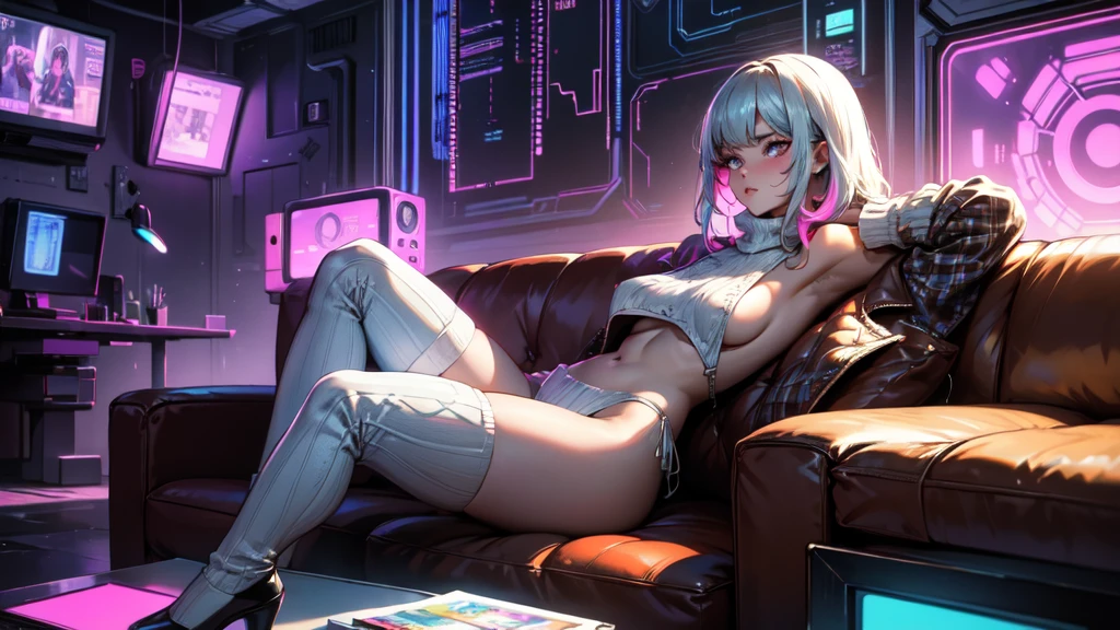 cute woman, tech wear, sitting in old-school sofa, retro plaid sofa, 70's atmoshphere, neon technologic outfit, glowing effects, crazy colors, great color palete,virgin destroyer sweater, sideboob, underboob, white panties, white thighhighs