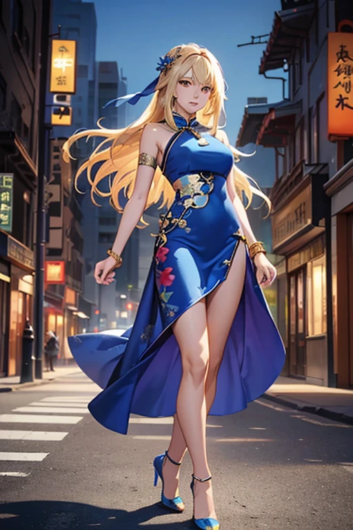 Highest quality,high resolution,comics,(Cel animation style),A woman is standing alone,30 year old Asian female,(Long blonde hair),((Blue Chinese Dress)),((Blue heels)),((1 holding a gun.6)),(Hibiscus hair accessory),(Beautiful face with slits 1.3)，(gold bracelets on both wrists),Beautiful Style,Slender body,(Large Breasts),((City Background))