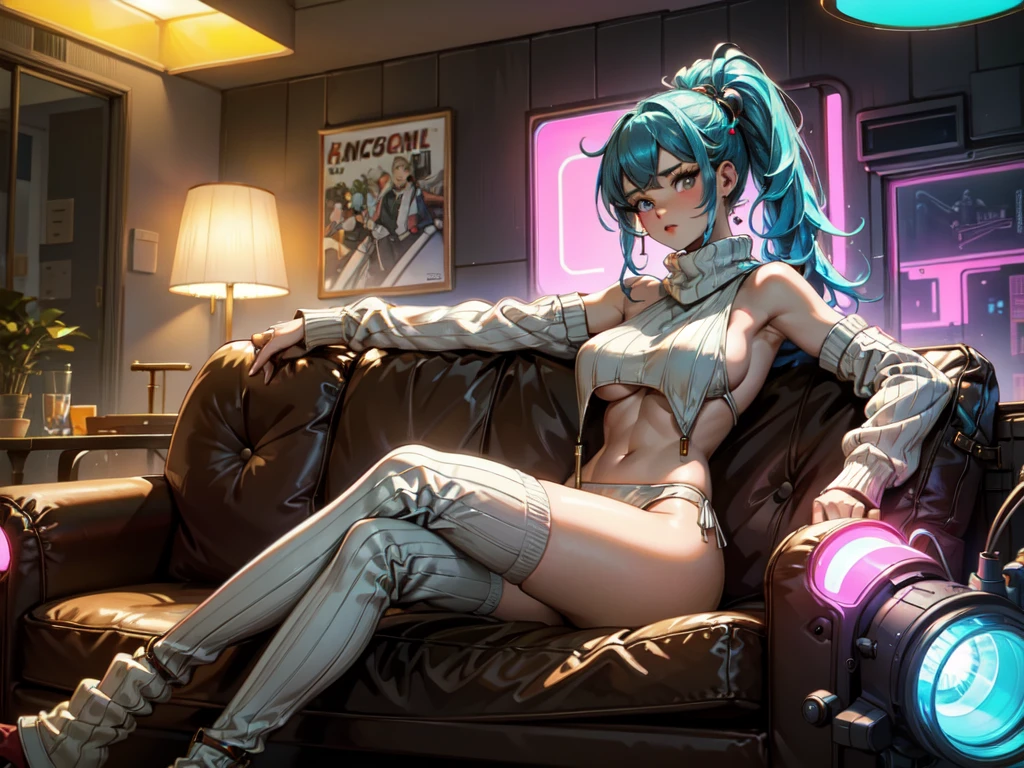 cute woman, tech wear, sitting in old-school sofa, retro plaid sofa, 70's atmoshphere, neon technologic outfit, glowing effects, crazy colors, great color palete,virgin destroyer sweater, sideboob, underboob, white panties, white thighhighs,retro interiors, interior design,