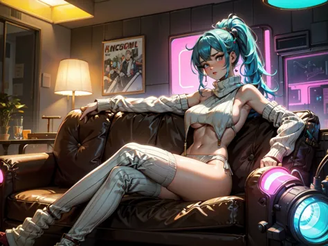 cute woman, tech wear, sitting in old-school sofa, retro plaid sofa, 70's atmoshphere, neon technologic outfit, glowing effects,...