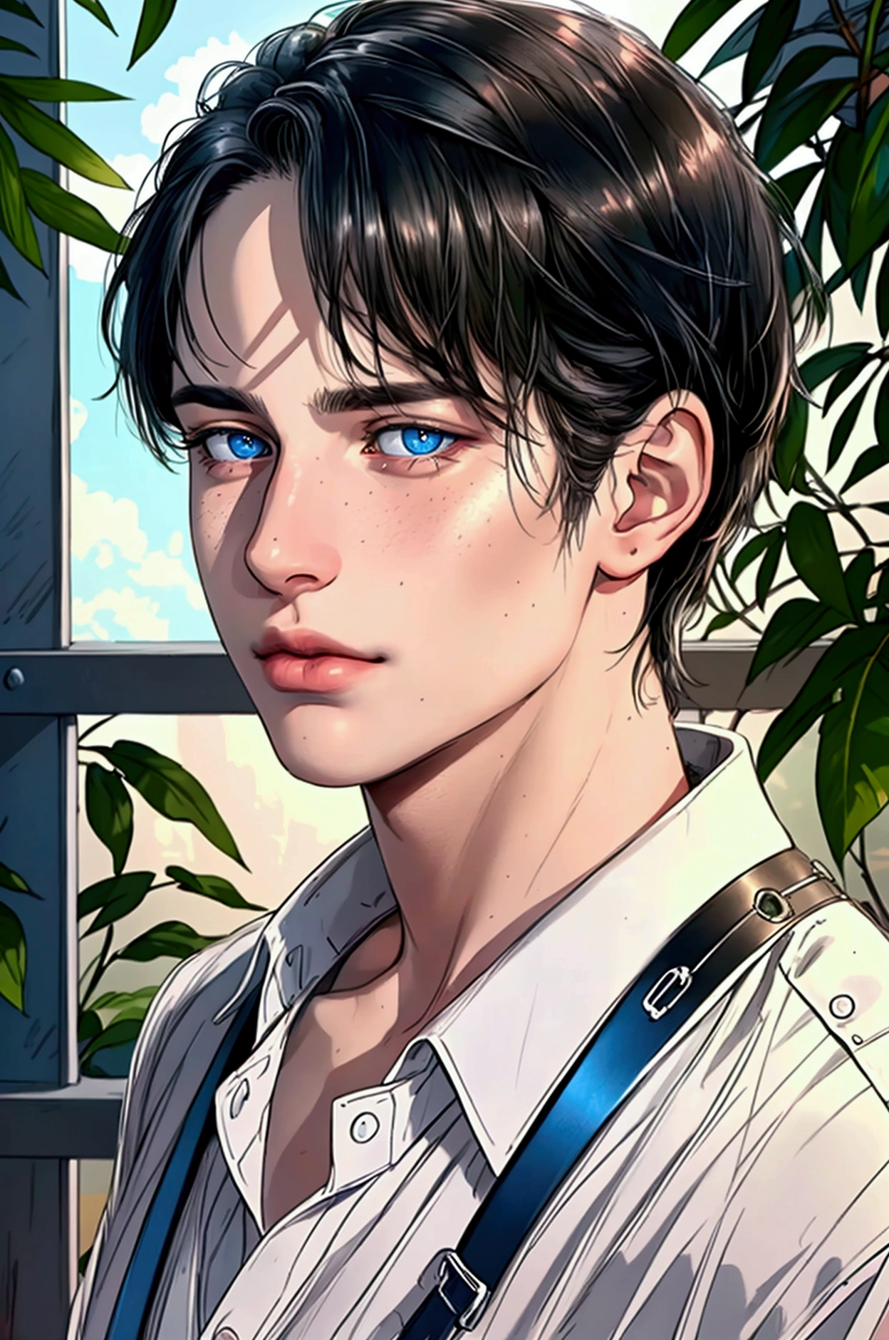 (of the highest quality,4k,8k,High resolution,masterpiece:1.2),Super detailed,(realist,photorealist,photo-realist:1.37),1 person,beautiful skin,White race, White skin, very handsome,short black hair,blue eyes,sharp eyes,A perfect face without a doubt,psychiatric, psychologist, 27 years, no expression marks, no wrinkles, young adult, man, fondo de jardin asilo psychiatric,cinema lighting,imagen hdr,Atar、