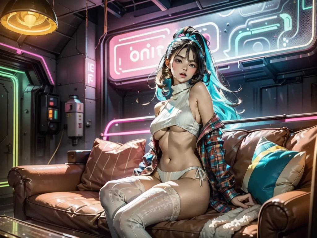 cute woman, tech wear, sitting in old-school sofa, retro plaid sofa, 70's atmoshphere, neon technologic outfit, glowing effects, crazy colors, great color palete,virgin destroyer sweater, sideboob, underboob, white panties, white thighhighs,retro interiors, interior design,