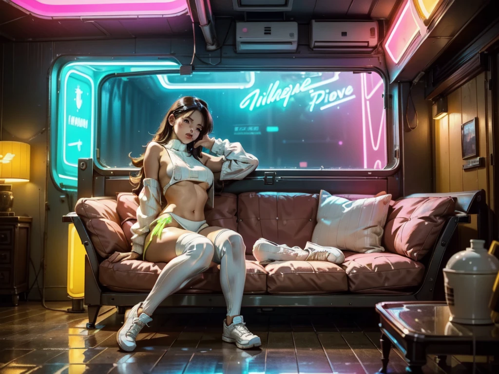 cute woman, tech wear, sitting in old-school sofa, retro plaid sofa, 70's atmoshphere, neon technologic outfit, glowing effects, crazy colors, great color palete,virgin destroyer sweater, sideboob, underboob, white panties, white thighhighs,retro interiors, interior design,