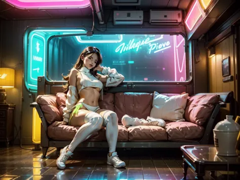 cute woman, tech wear, sitting in old-school sofa, retro plaid sofa, 70's atmoshphere, neon technologic outfit, glowing effects,...