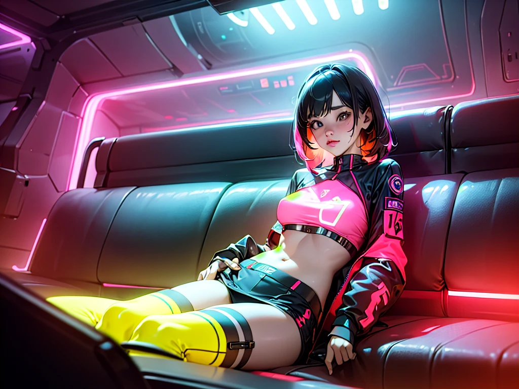 cute woman, tech wear, sitting in old-school sofa, retro plaid sofa, 70's atmoshphere, neon technologic outfit, glowing effects, crazy colors, great color palete, underboob, thighhighs,retro interiors, interior design,