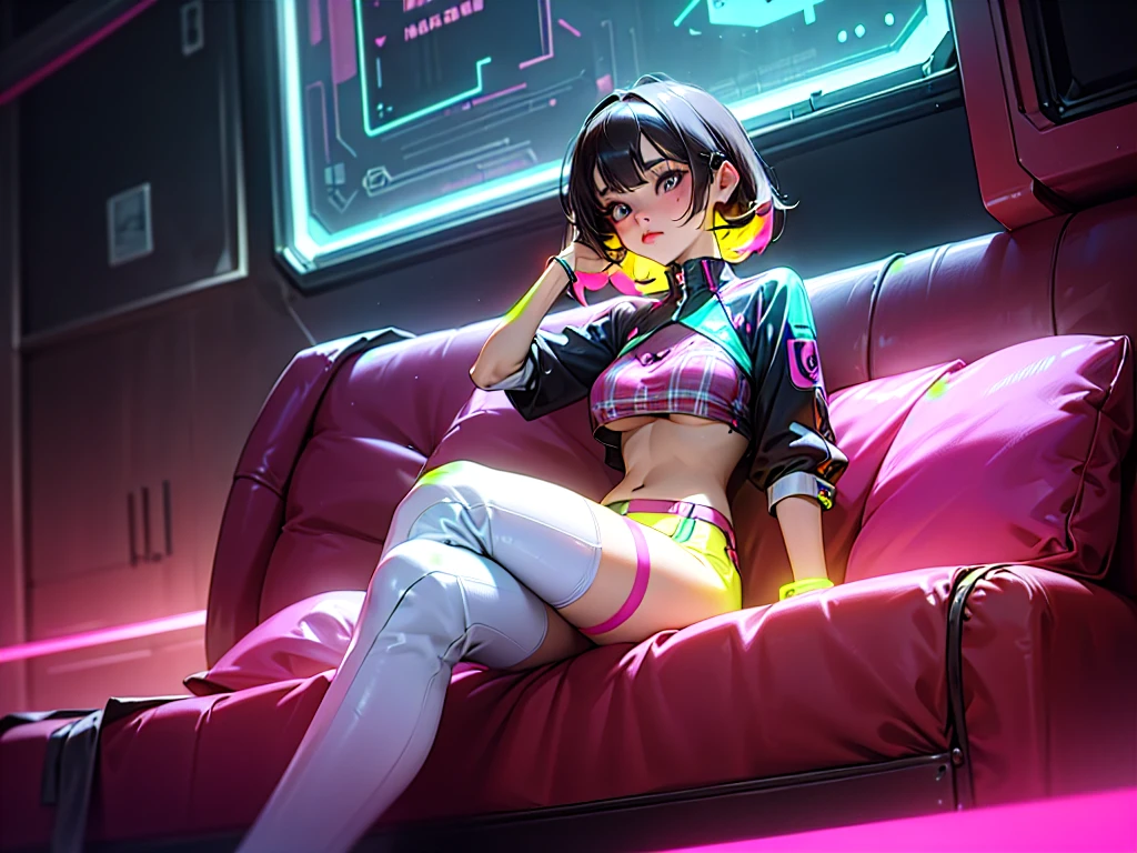 cute woman, tech wear, sitting in old-school sofa, retro plaid sofa, 70's atmoshphere, neon technologic outfit, glowing effects, crazy colors, great color palete, underboob, thighhighs,retro interiors, interior design,