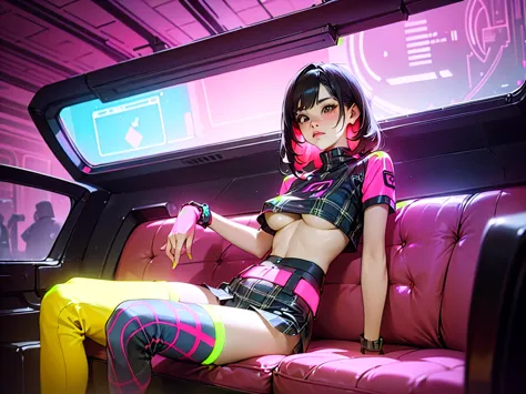 cute woman, tech wear, sitting in old-school sofa, retro plaid sofa, 70's atmoshphere, neon technologic outfit, glowing effects,...