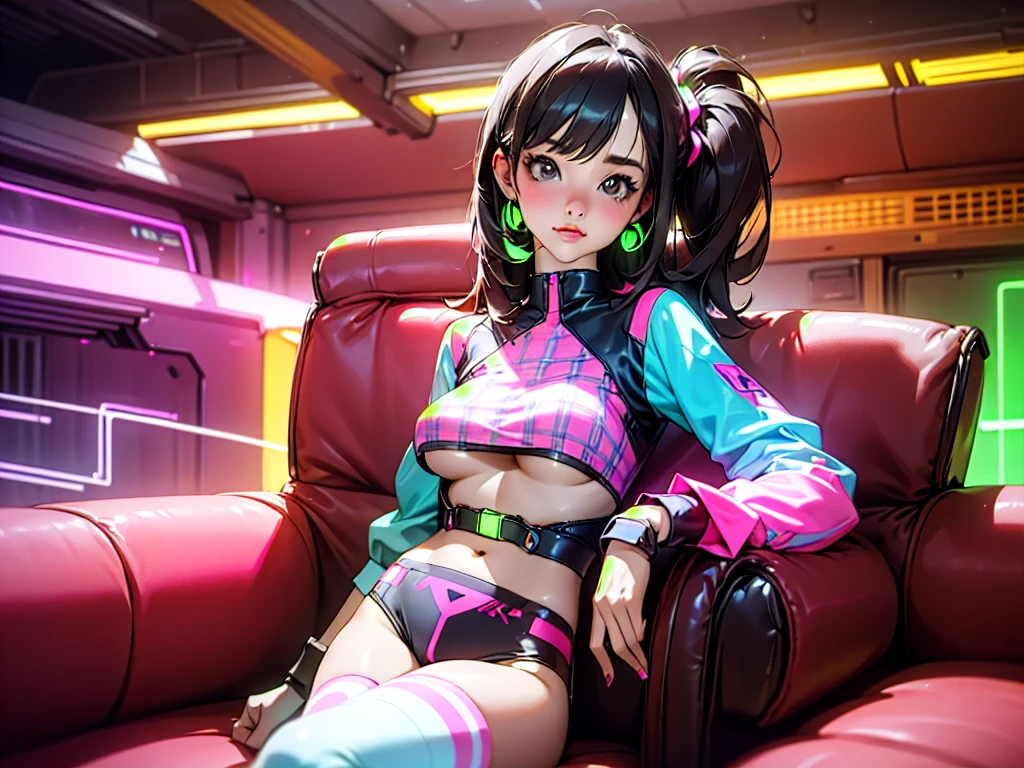 cute woman, tech wear, sitting in old-school sofa, retro plaid sofa, 70's atmoshphere, neon technologic outfit, glowing effects, crazy colors, great color palete, underboob, thighhighs,retro interiors, interior design,