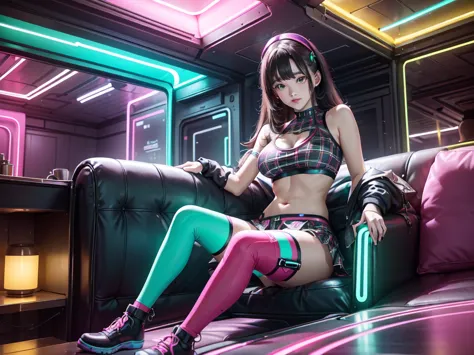 cute woman, tech wear, sitting in old-school sofa, retro plaid sofa, 70's atmoshphere, neon technologic outfit, glowing effects,...