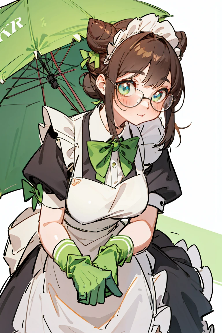 high resolution, Clear focus, Pixiv Masterpiece, ((Intricate details)), Very detailed, Yuri Alpha, 1 Girl, Black Hair, (Green wristband, Green gloves, peak,:1.1) Glasses, Green Eyes, maid, Single bun, skirt, Necklace, bow tie, maid apron, 