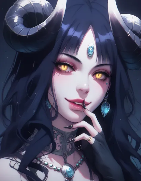 a demonic and seductive looking anime character, with black wings, long dark flowing hair, bright golden eyes, and curved horns ...