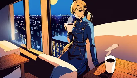 an anime-style illustration captures a serene moment of coffee time. the scene features a single white coffee cup placed on a wo...