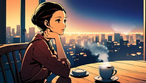 an anime-style illustration captures a serene moment of coffee time. the scene features a single white coffee cup placed on a wo...