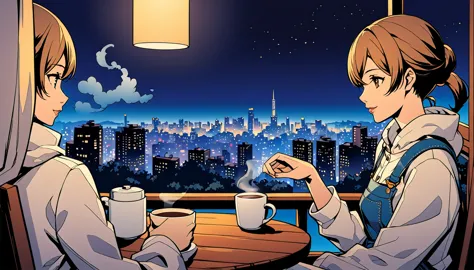 an anime-style illustration captures a serene moment of coffee time. the scene features a single white coffee cup placed on a wo...