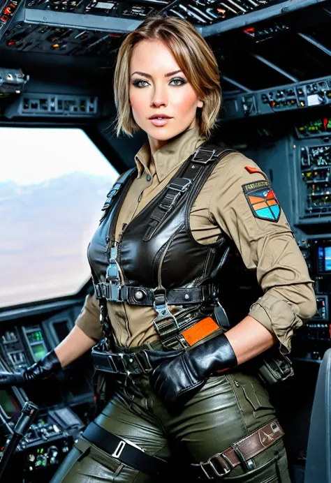 clear photography, one caucasian woman, sexy sf female soldier, sf front upper body photo of pilot at the controls, the backgrou...