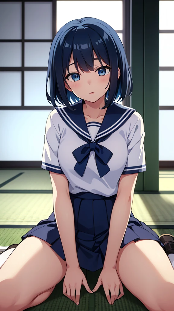 ((masterpiece, Highest quality, Very detailed, Very nice 8K CG wallpaper)), , A little thick, Medium Hair, Blue Hair, short hair, blue eyes,judo player、Sailor Style uniformS、Large bust、Sailor Suit、mini skirt、judo、Cute expression、InSide the judo GymnaSium、、On the tatami、discovery、One person&#39;S、Full body standing、rest、Haruka Kiritani、BuSt Size C Cup、幼い頃judo家に育てられた、The strongest woman to win a tournament、Nine、The strongest woman who defeated the bully、The boy touches her、Man touching the body of、Smells her、Smell your hands、Smell the sweat、Smell the body、Sweating