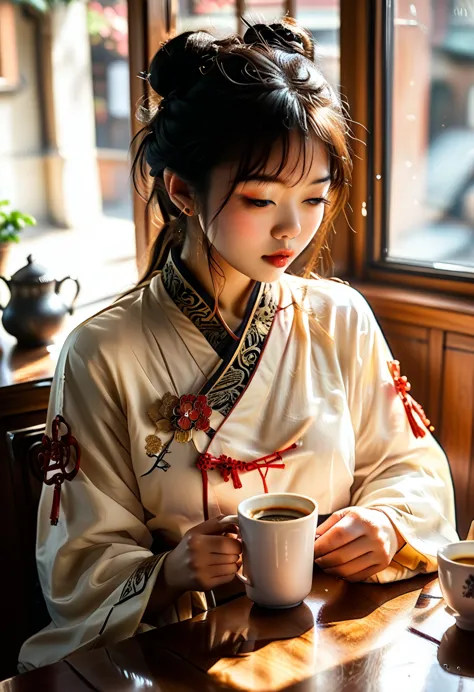 a close up of a woman sitting at a table with a cup of coffee, palace ， a girl in hanfu, a young woman as genghis khan, beautifu...