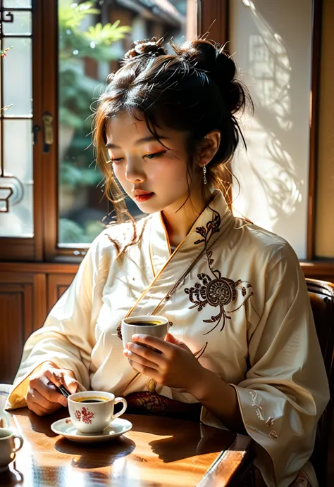 a close up of a woman sitting at a table with a cup of coffee, palace ， a girl in hanfu, a young woman as genghis khan, beautifu...