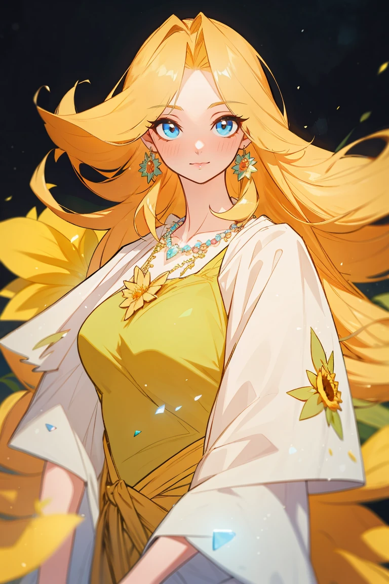 (  Absurdly , high quality , Extremely detailed ) ,( Handmade details ) , 1 Girl, Solitary, Mature, Very long hair, Sunflower Hair , Beautiful crystal eyes ( Eyes Details ) Baroque, necklace, Long skirt, Long sleeve, elegant, rich and colorful, The most detailed, Upper Body , There are rivers and sunflowers