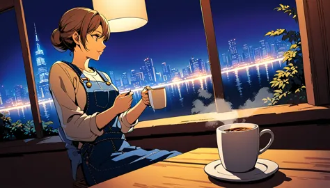 an anime-style illustration captures a serene moment of coffee time. the scene features a single white coffee cup placed on a wo...